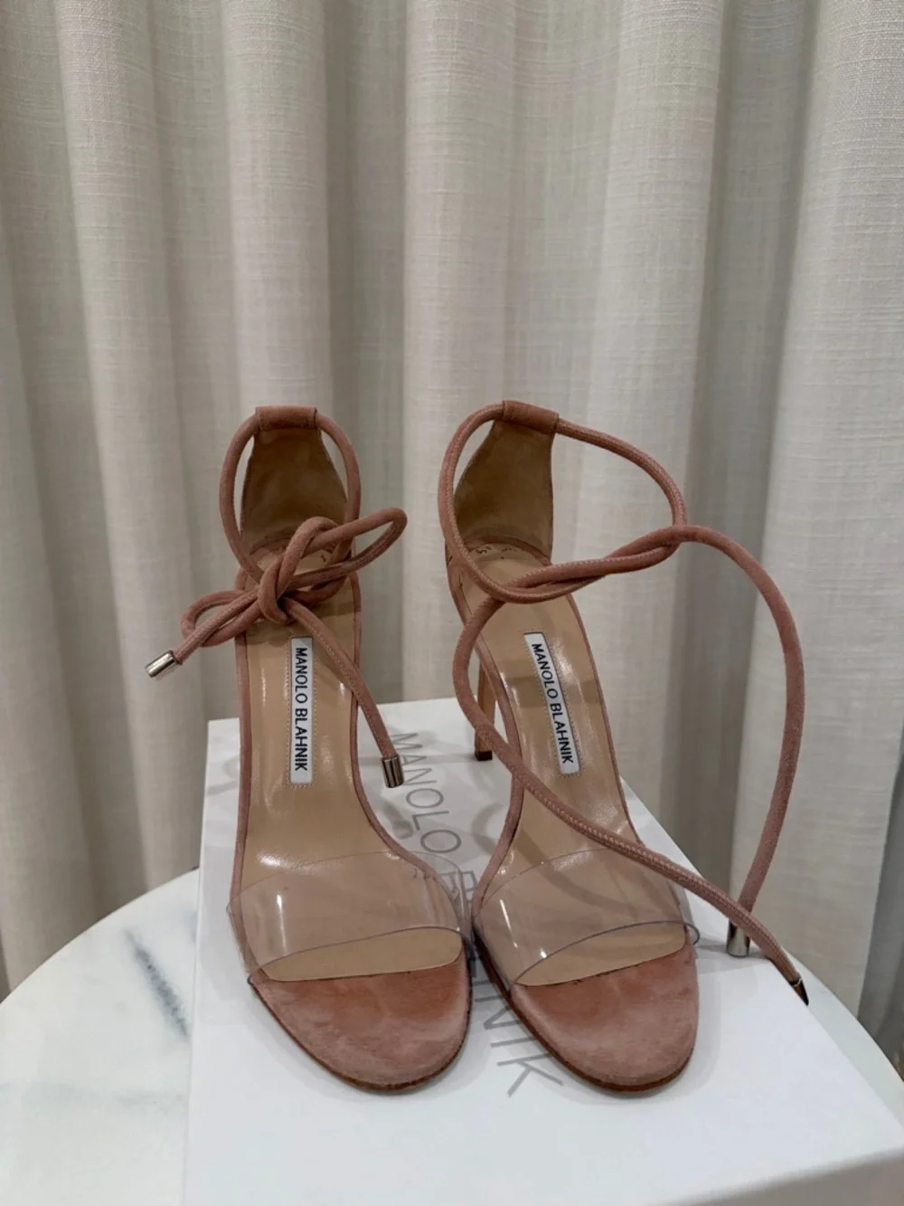 Manolo Blahnik Tan Suede & Clear PVC Ankle-Tie Sandals - Picture 8 of 8